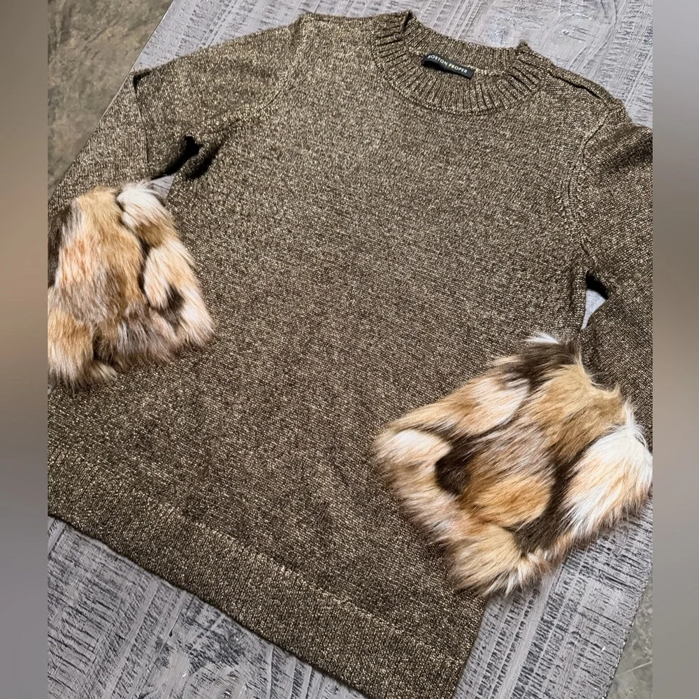 Boston Proper Metallic Brown Sweater with Faux Fur Cuffs - Picture 2 of 9